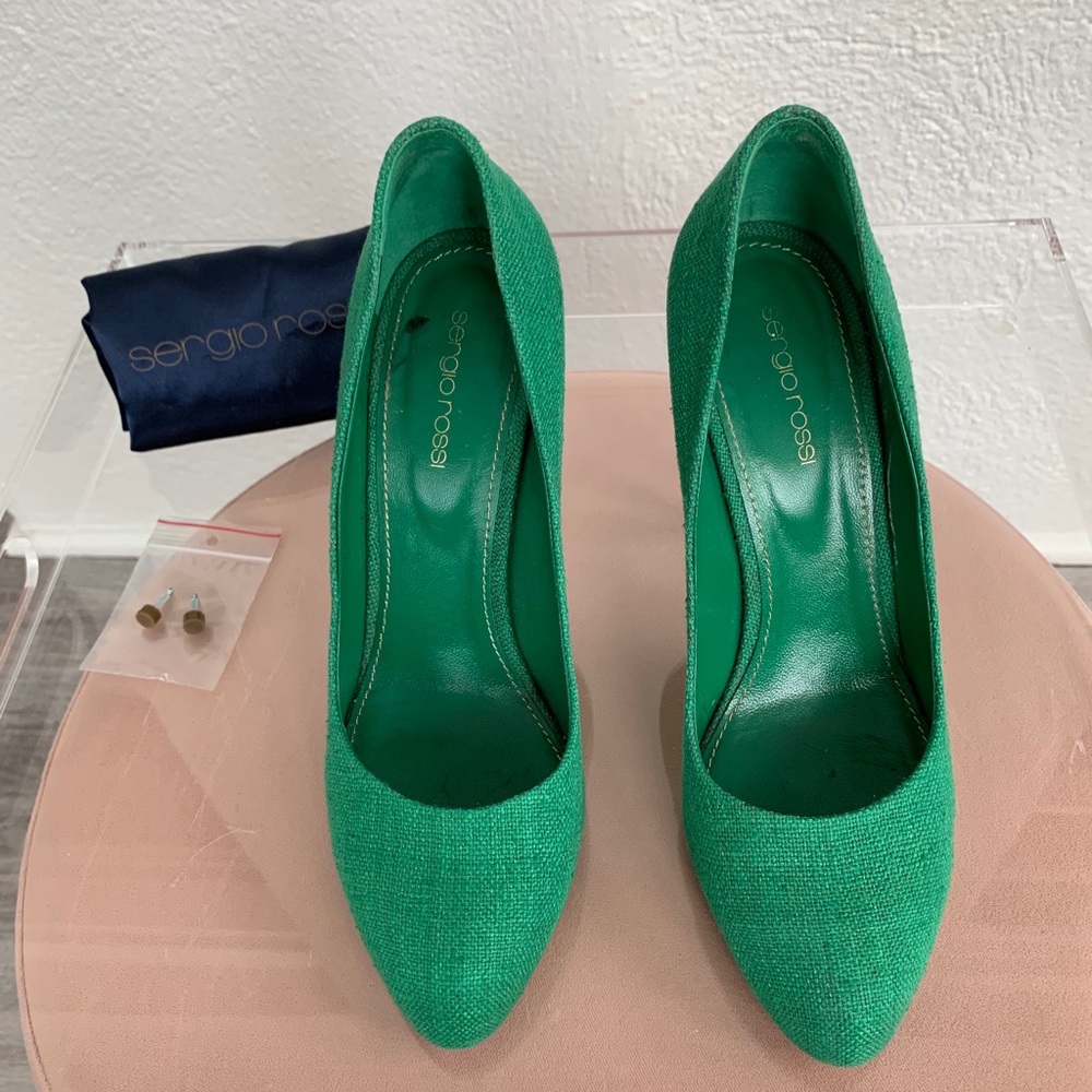 Sergio Rossi tweed green pumps